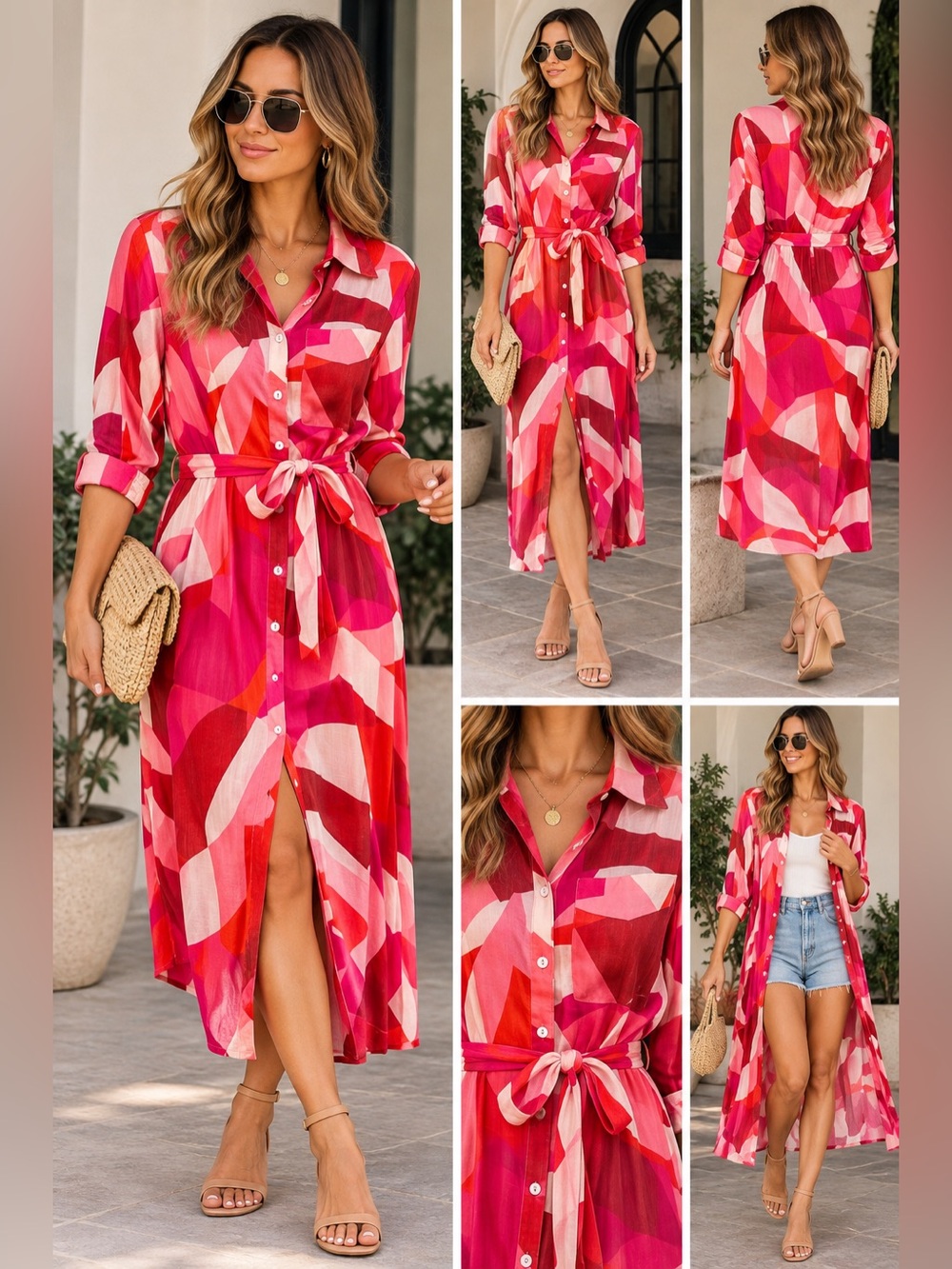 NWT Ellison Pink and Red Abstract Print Maxi Shirt Dress Size Large